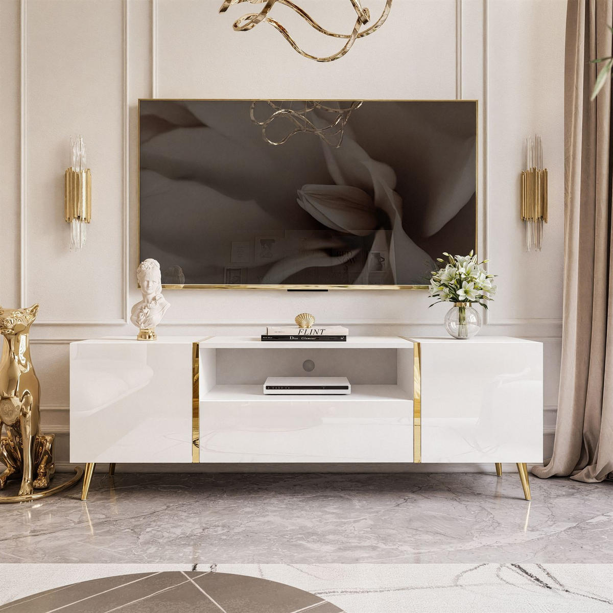 TV-ELEMENT ONYX AUF GOLDENEN BEINEN HOCHGLANZ 158 CM PUSH OPEN - Weiß, Holzwerkstoff (158/53/41.3cm) - Lookway