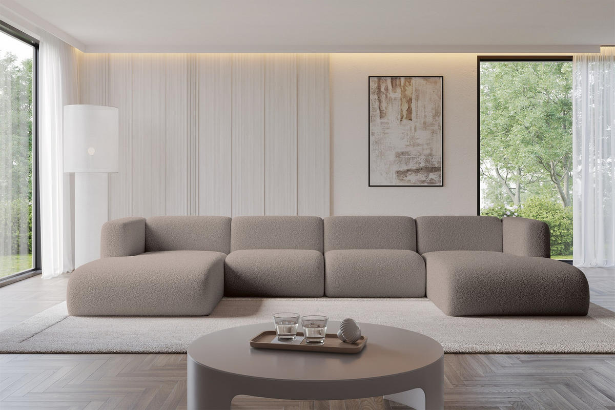 WOHNLANDSCHAFT MIRA-U2 408x179x70 Braun Bouclé - Dunkelbraun/Schwarz, Holzwerkstoff/Kunststoff (408/70/179cm) - ALTDECOR