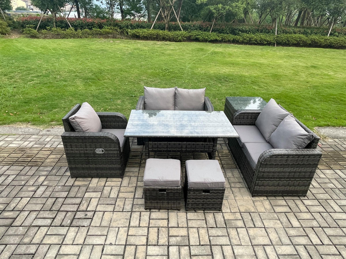 Gartenmöbelset mit Esstisch,Hockern,Beistelltisch Polyrattan Dunkelgrau 7-Sitzer - Dunkelgrau/Grau, Glas/Kunststoff - Fimous