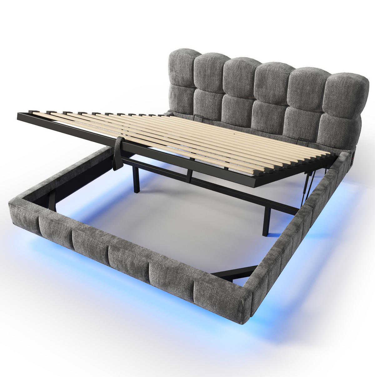 POLSTERBETT aus Chenille 140x200 cm Grau mit hydraulischem Bettkasten, LED und USB-C-Anschluss - Grau, Textil (140/200cm) - Modfu