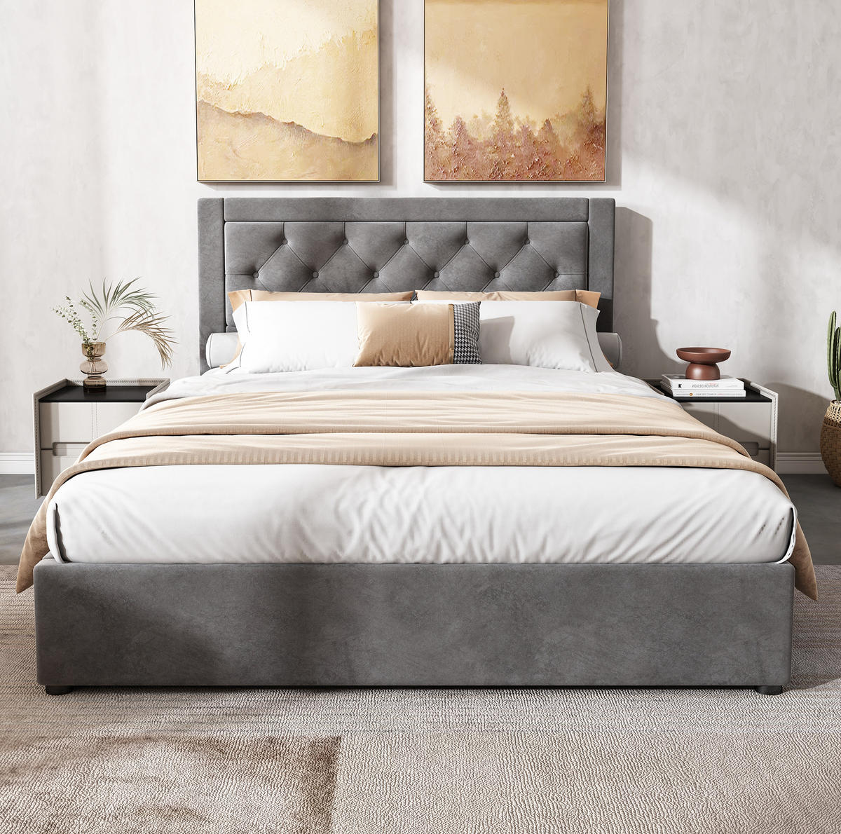 POLSTERBETT 140/200 cm Grau Stauraumbett im Chesterfield-Stil mit abhebbaren Bettkästen - Grau, Metall (140/200cm) - OKWISH