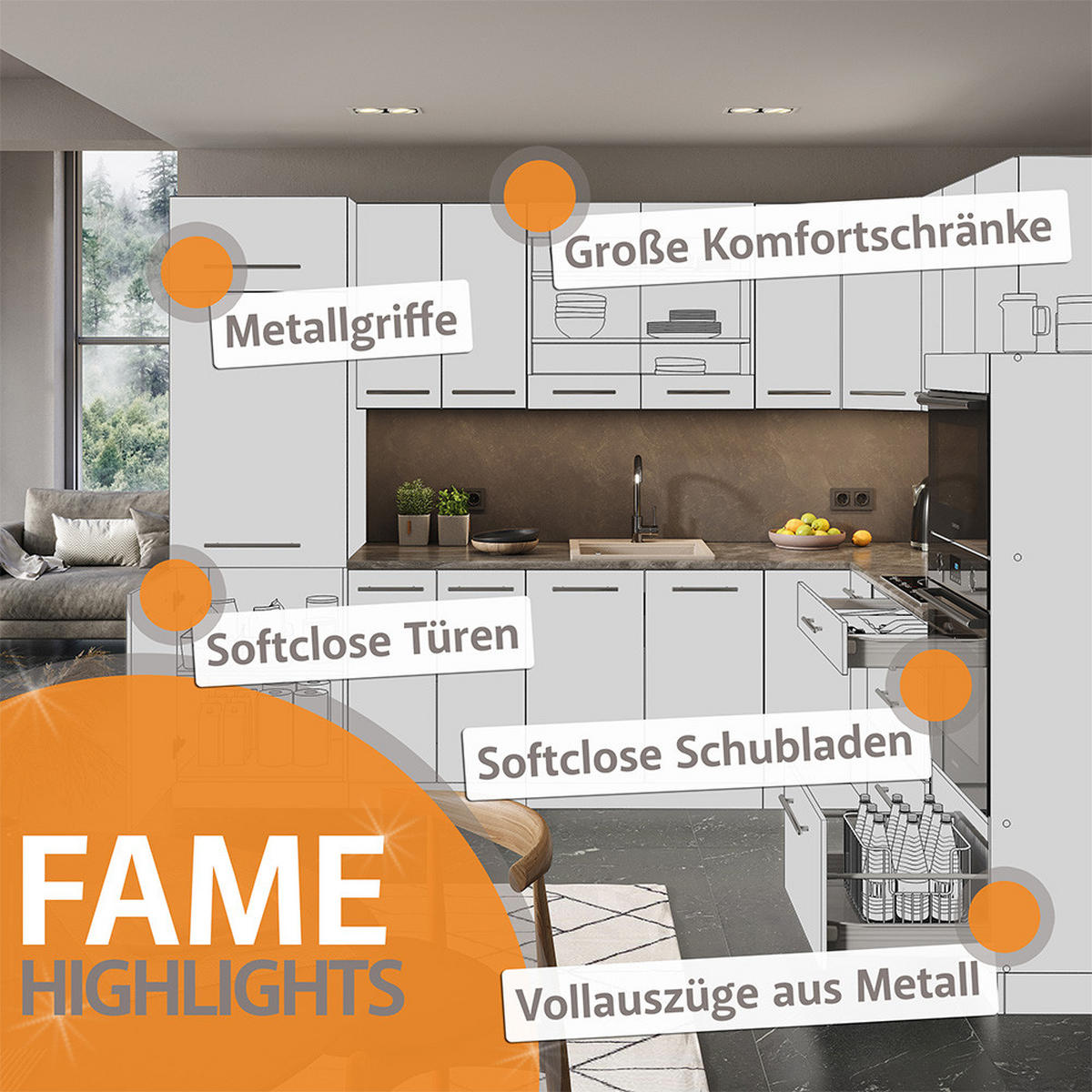 ECKKÜCHE Fame-Line Goldkraft Eiche/Weiß 160 x 190 cm, AP Marmor - Eiche Wotan/Weiß, Holzwerkstoff (190/81.6/60cm) - Vicco