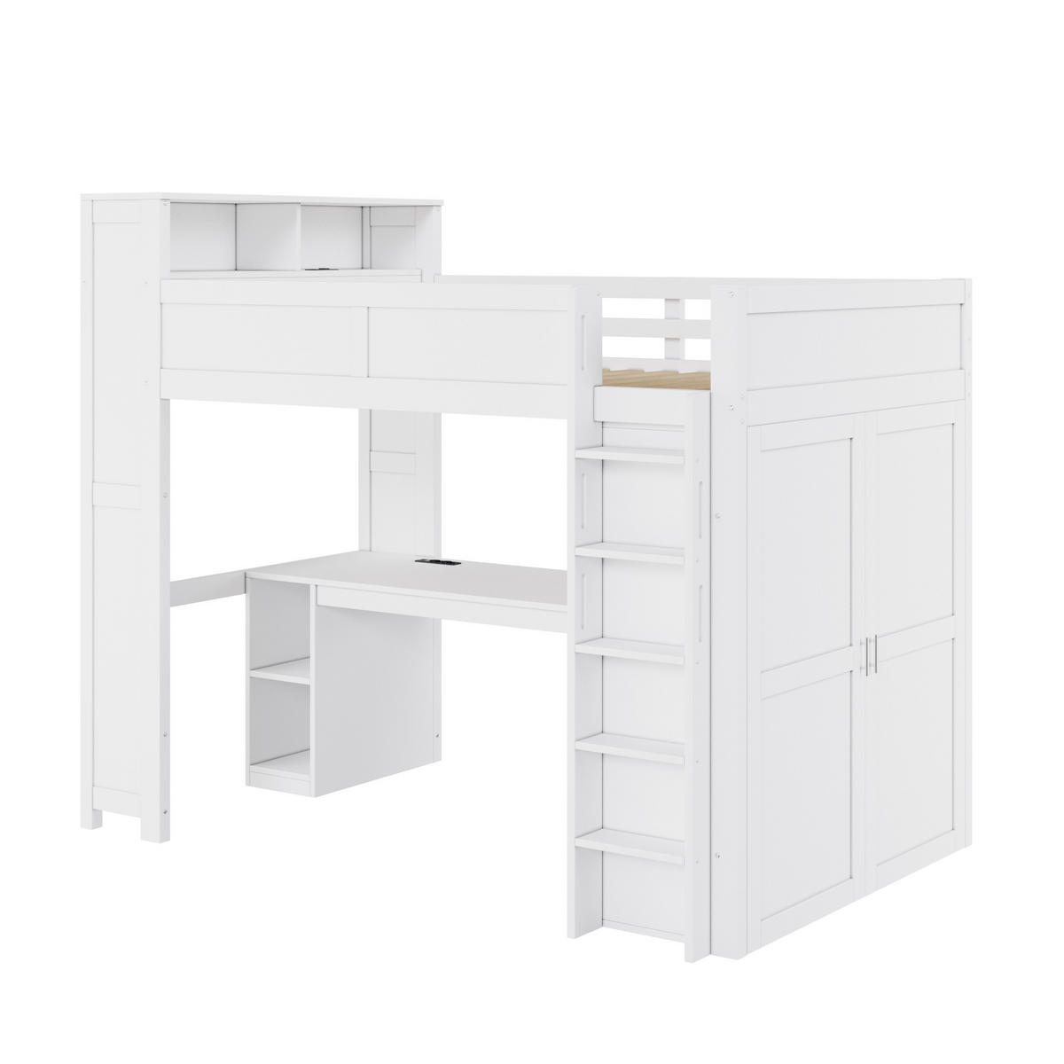 HOCHBETT 90 x 200 cm mit Schreibtisch, Staufächern, Kleiderschrank, USB-Anschluss und LED-Beleuchtung, weiß - Weiß, Holz (90/200cm) - KOMHTOM