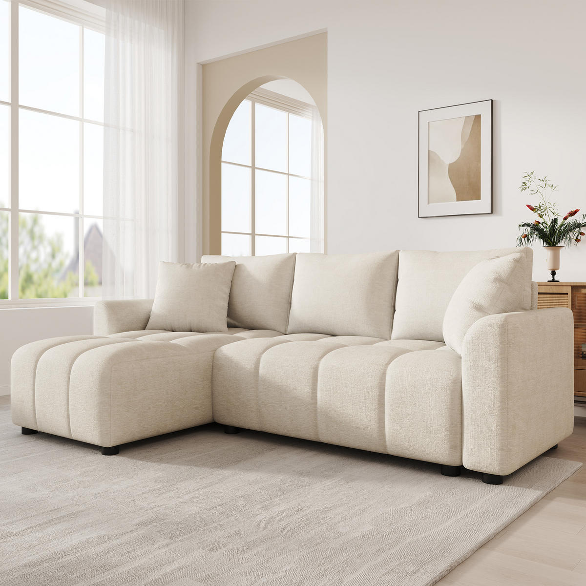 ECKSOFA 204/127/82.5 cm Beige Chenille mit 2 Zierkissen - Beige, Textil (204/127cm) - Oxeza