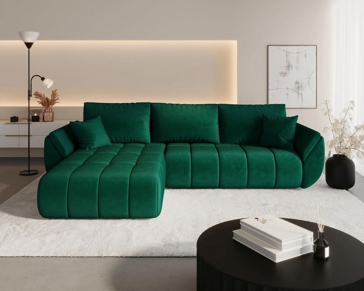 ROHOVÁ pohovka SYDNEY PREMIUM levá zelená samet Monolith 37 - funkce spaní, úložný prostor - zelená barva, textil (280/184cm) - Cornero