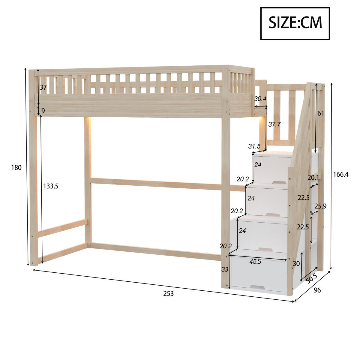 HOCHBETT 90/200 cm in Natur mit Stauraumtreppe und LED Holz Kinderbett - Naturfarben, Holzwerkstoff (90/200cm) - STILVORA