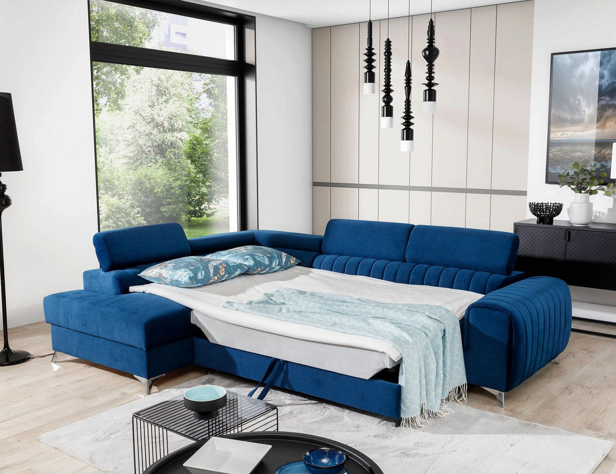 ECKSOFA Laurence mit Schlaffunktion & Bettkasten – 278 x 205 cm, verstellbare Kopfstützen - Blau, Kunststoff (278/205cm) - Wohnideebilder