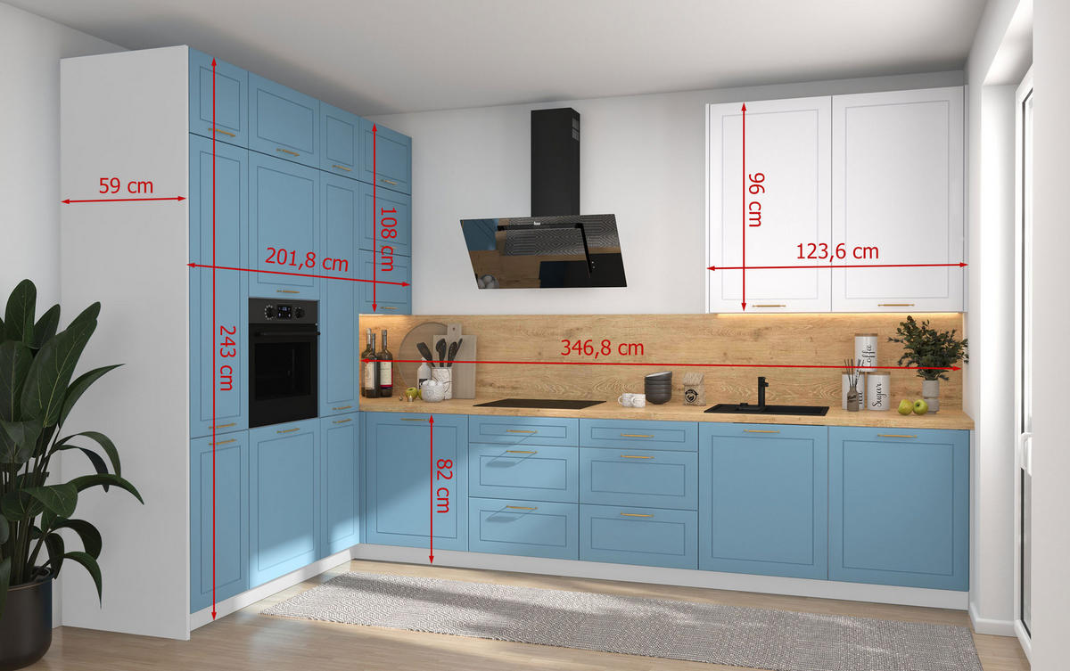 L-FORM KÜCHENZEILE Bari (16-tlg) Lava / Pastellviolett - Signalweiß - Violett, Holzwerkstoff/Metall (347/243/202cm) - Feldmann-Wohnen