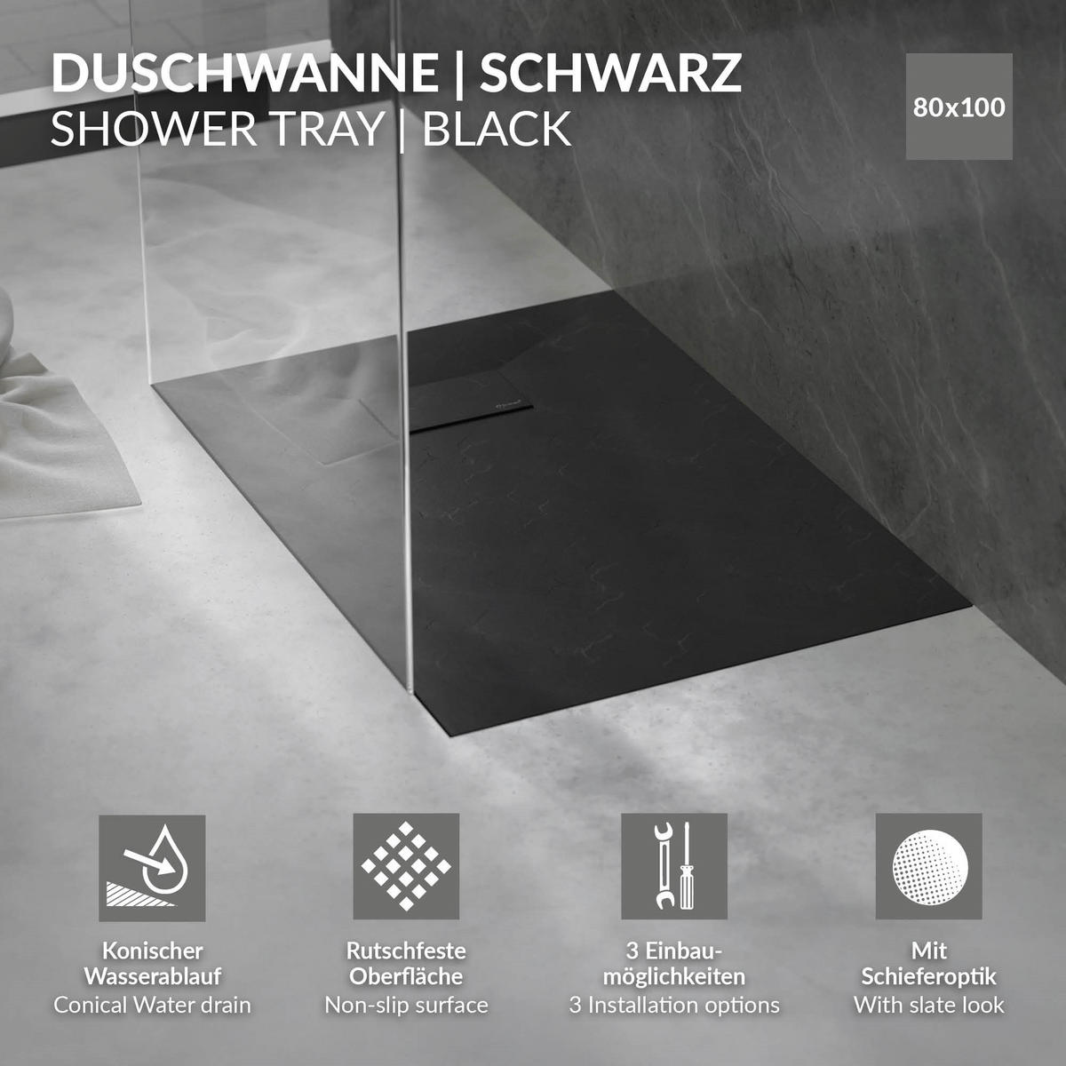 SPRCHOVÁ VANICKÁ VANA 100x80 cm černá s odtokovou sadou z SMC - černá, plast (80/3/100cm) - LuxeBath