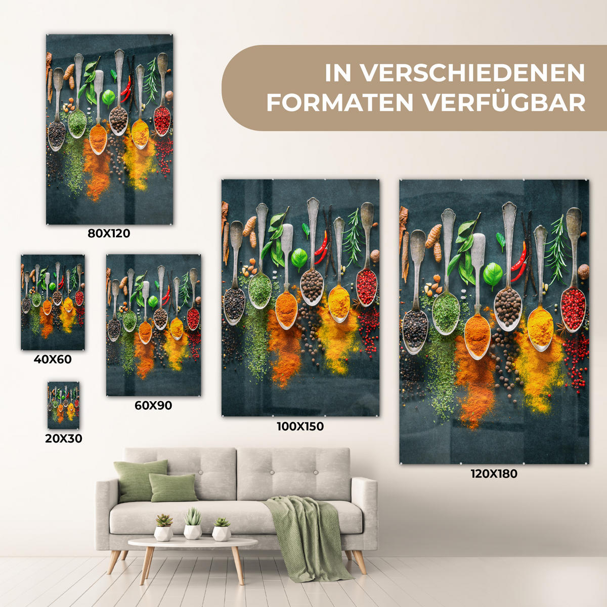 ACRYLGLASBILD Kräuter - Gewürze - Löffel 40x60 cm - Currygelb, Glas (40/60cm) - MuchoWow