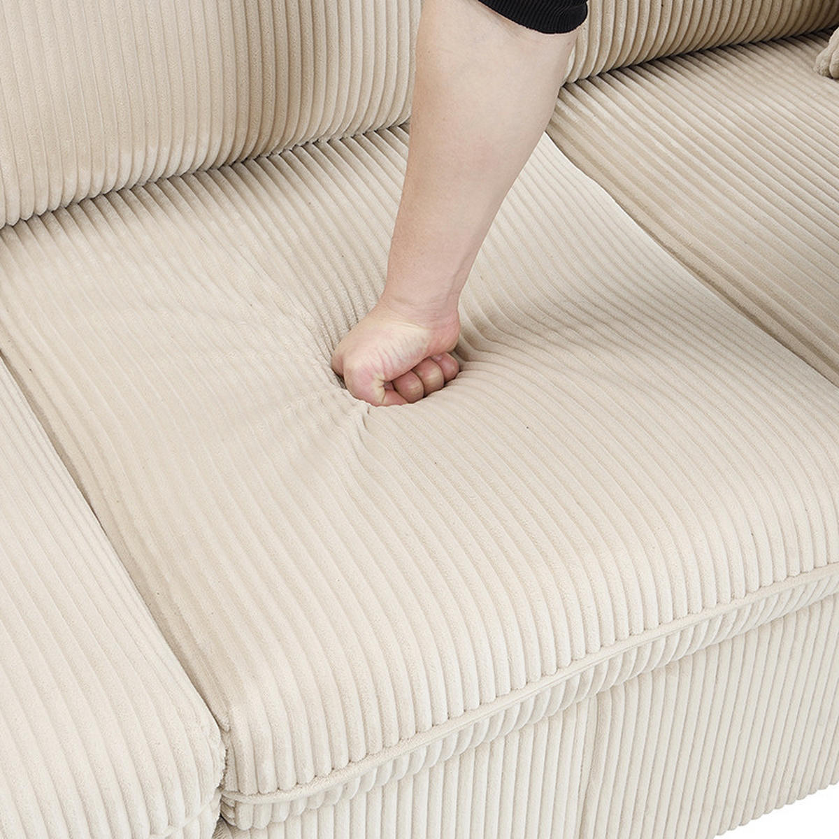 WOHNLANDSCHAFT 5-Sitzer Cord Beige mit Schlaffunktion, Stauraum und mit Hocker - Beige, Holzwerkstoff/Kunststoff (188/86/82cm) - WISHDOR