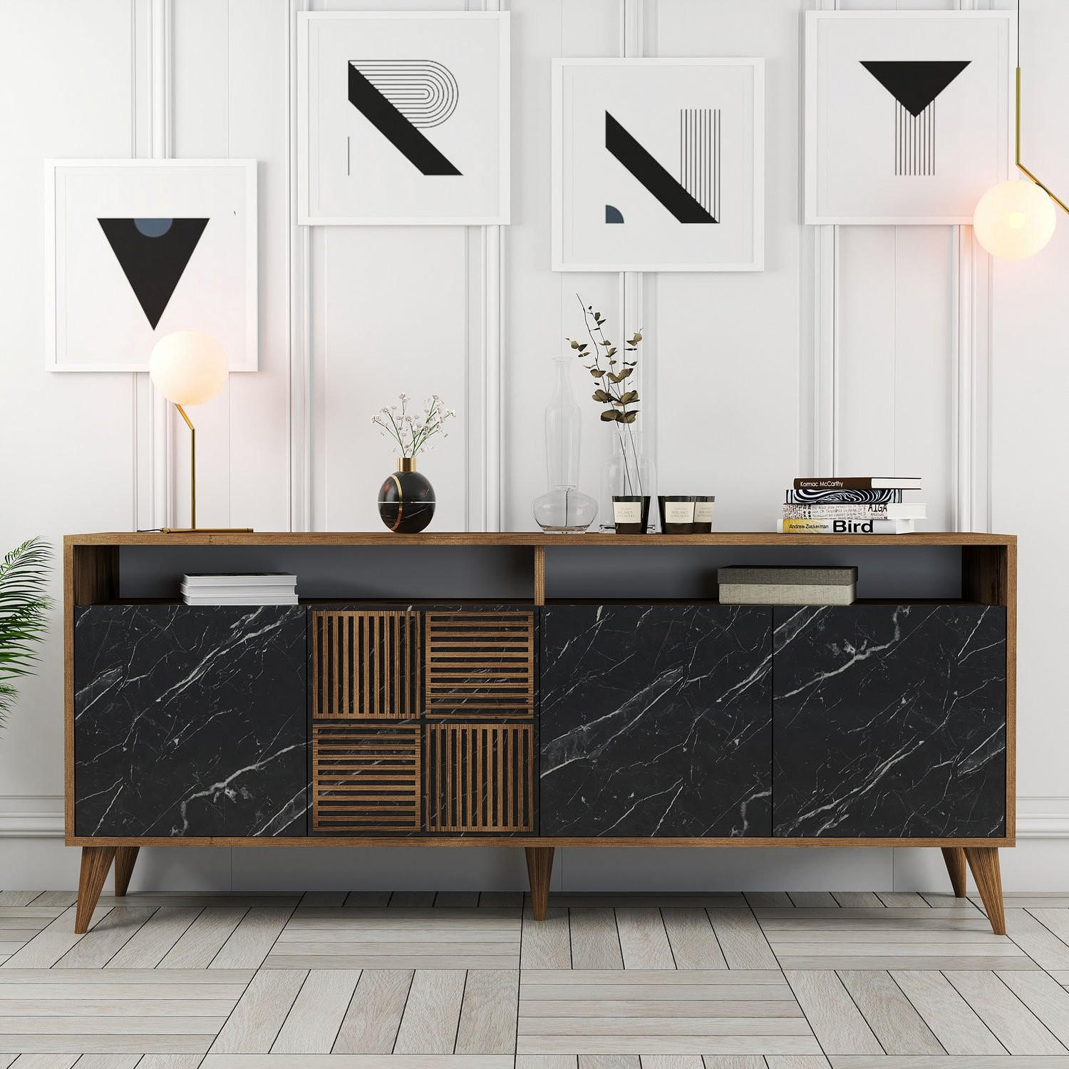 SIDEBOARD 4 Türen L180 cm - Milan - Schwarz, Holzwerkstoff (35/78.6/180cm) - Calicosy