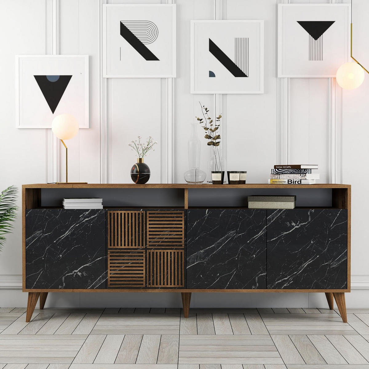SIDEBOARD 4 Türen L180 cm - Milan - Schwarz, Holzwerkstoff (35/78.6/180cm) - Calicosy