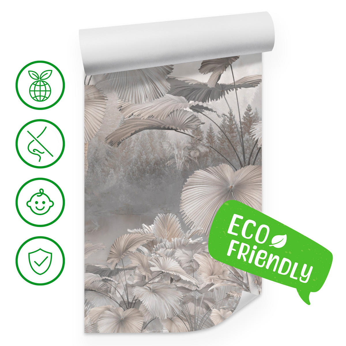 FOTOTAPETE für Wohnzimmer Tropische Blätter Dschungel Palmen Grau 300x210 - Beige/Grau, Papier (300/210cm) - Muralo