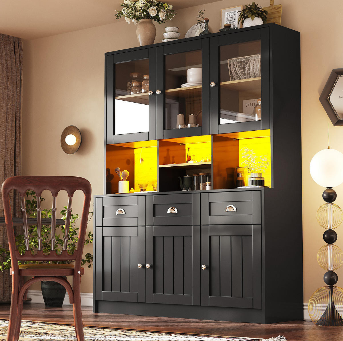 BUFFETSCHRANK 140/40/175 cm schwarz aus MDF mit LED-Beleuchtung - Schwarz, Holzwerkstoff (140/175/40cm) - OKWISH