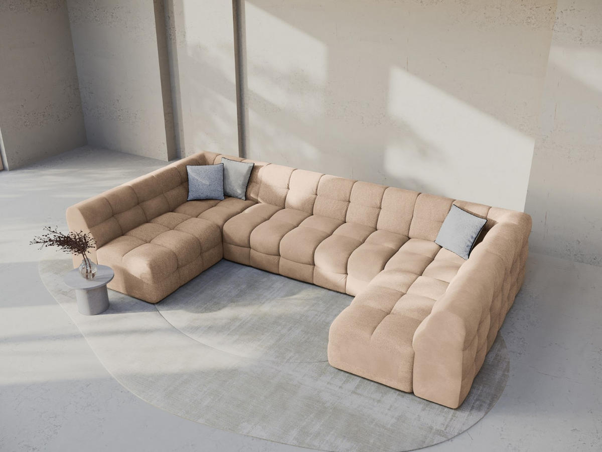 PANORAMASOFA Kendal aus Samt mandelbeige 7 Sitzplätze - Beige, Textil (203/79/372cm) - Micadoni