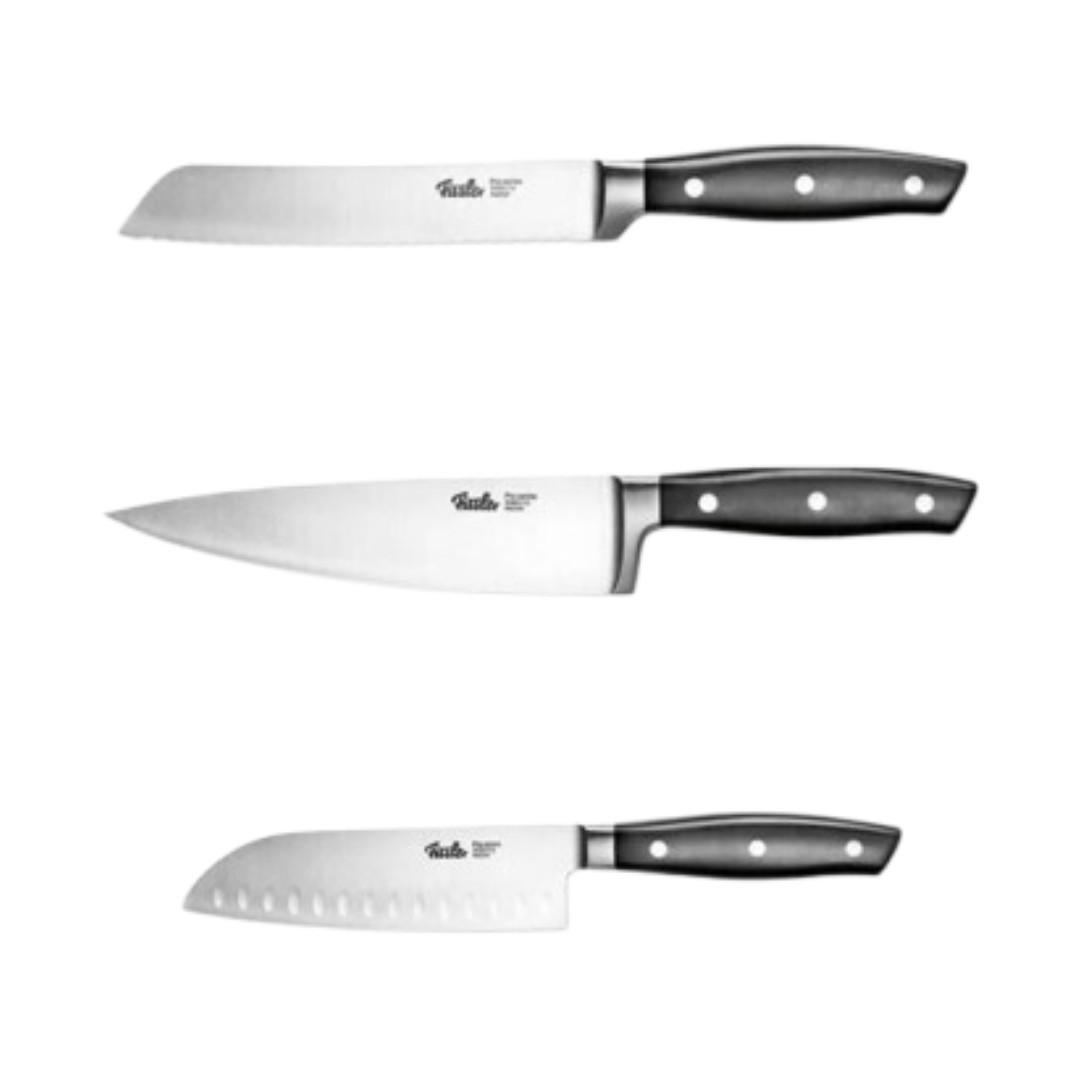 KÜCHENMESSER SET 3-tlg Schwarz, Brotmesser 180 mm, Santokumesser 130 mm, Kochmesser 190 mm, Edelstahl, Schneidemesser, Küchenzubehör, Profi Messer - Silberfarben/Schwarz, Kunststoff/Metall - Fissler