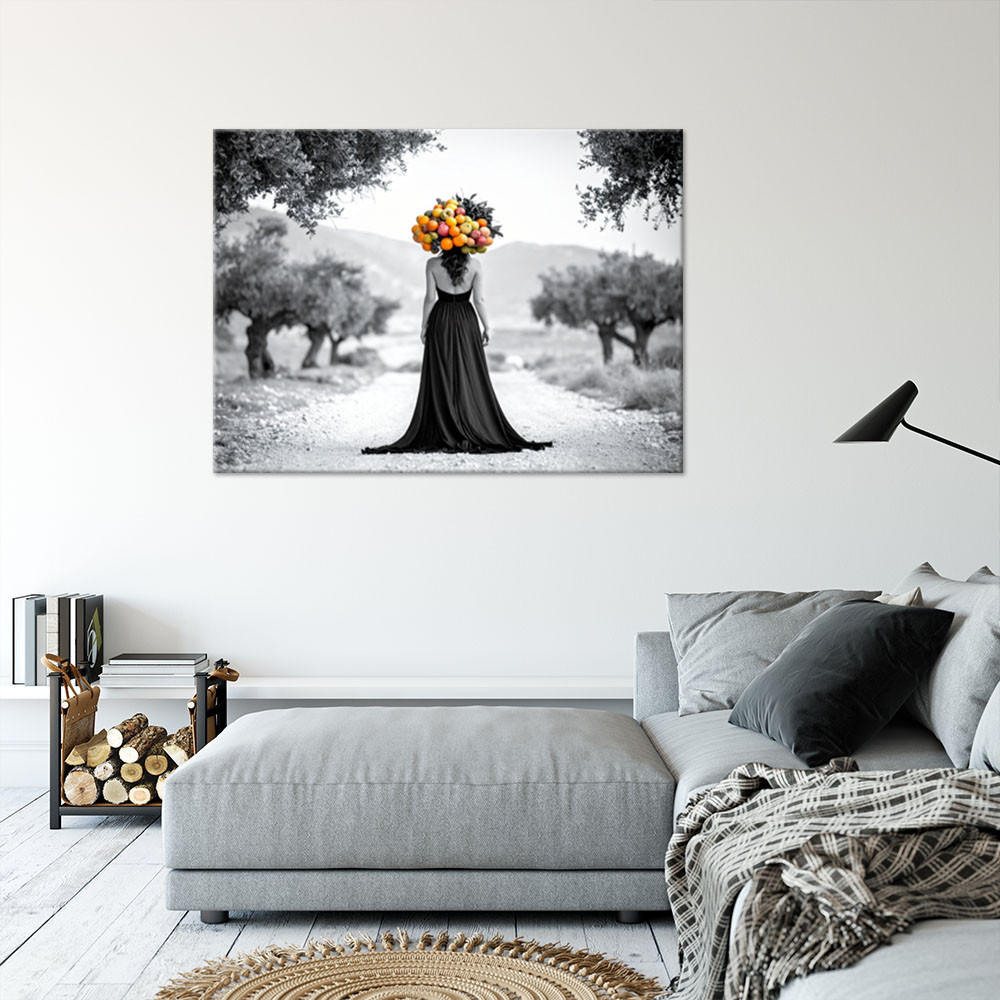 LEINWANDBILD Landschaft Frau mit Früchten auf dem Kopf 120x80cm - Schwarz, Textil (120/80cm) - Feeby