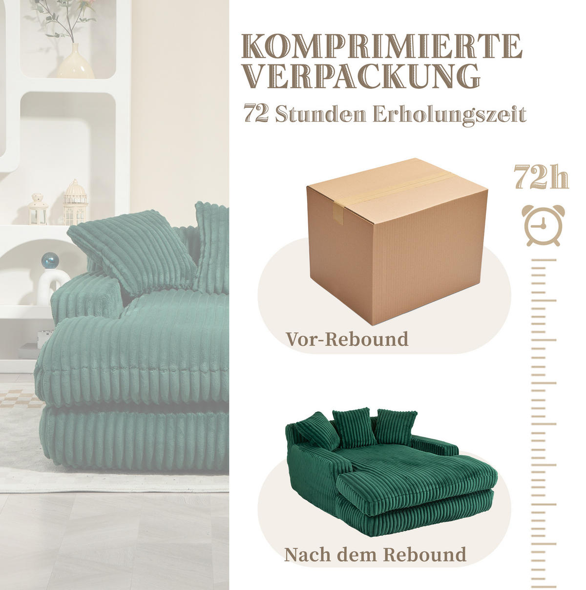 BIGSOFA Chaiselongue Cord mit 3 Kissen bodennah und ergonomisch 125/155/63 cm Smaragdgrün - Smaragdgrün, Textil (63/125/155cm) - Redom