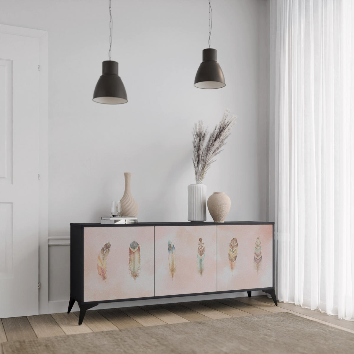 SIDEBOARD THE DELIQUESCE, Eicheneffekt, 164,5x42x77,5 cm, 3 Türen - Eichefarben/Buchefarben, Holzwerkstoff/Buchenholz (164.5/77.5/42cm) - SpaceRebels