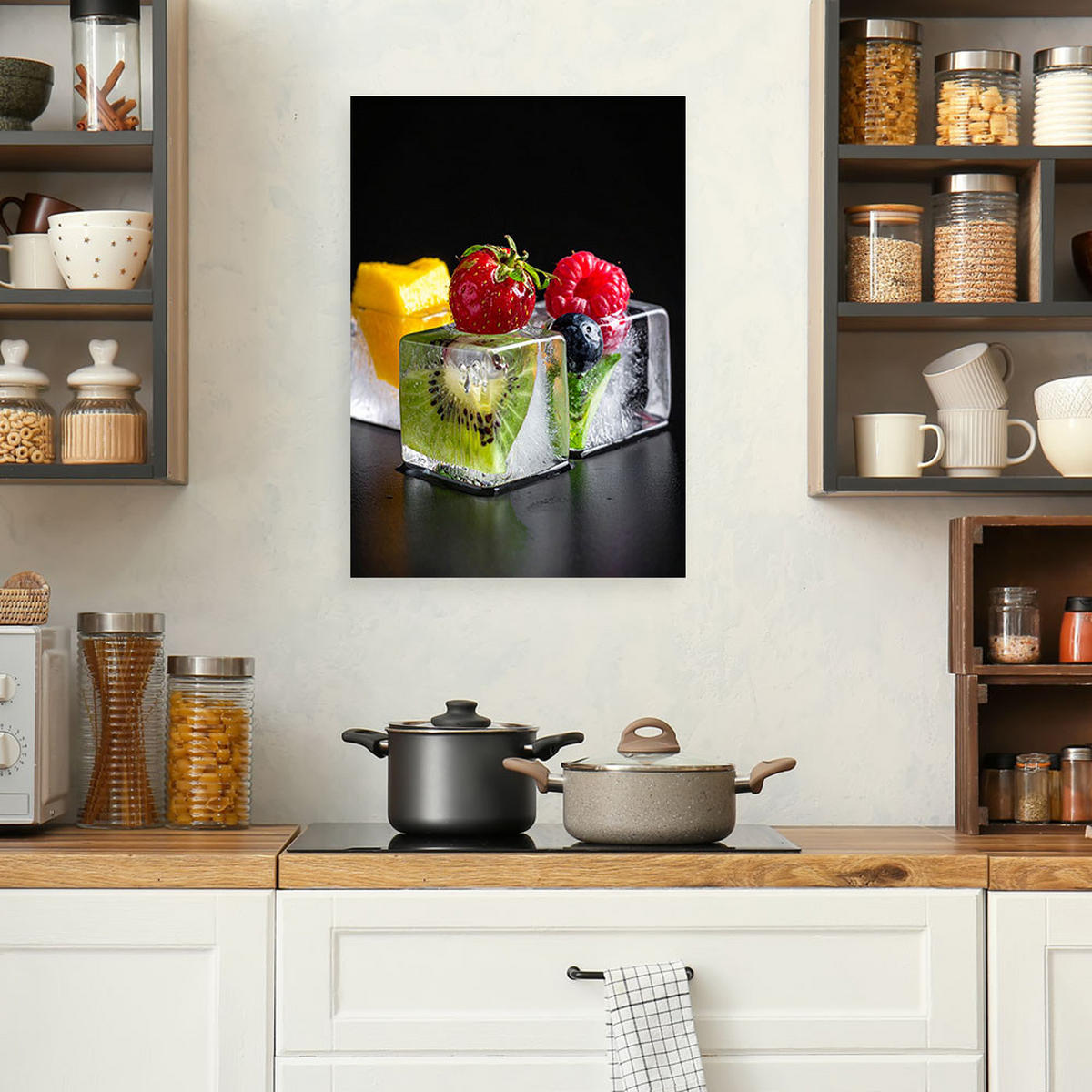 LEINWANDBILD, Farbenfrohes Dessert mit Früchten auf schwarzem Hintergrund - Multicolor, Textil (70/100cm) - Feeby