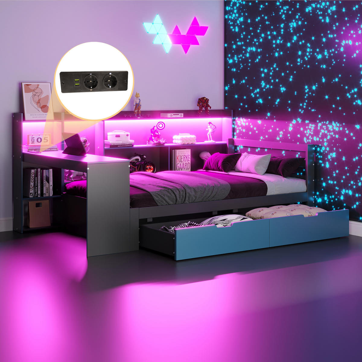 SCHLAFSOFA 90/200 cm in Schwarz & Blau mit Schreibtisch, 2 Schubladen und LED - Blau/Schwarz, Holz/Holzwerkstoff (90/200cm) - WISHDOR