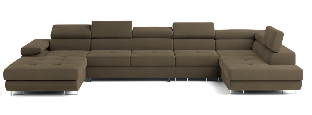 WOHNLANDSCHAFT VELORA R-S Beige Velours-Stoff mit Schlaffunktion - Beige, Holz (419/90/202cm) - MASSENO