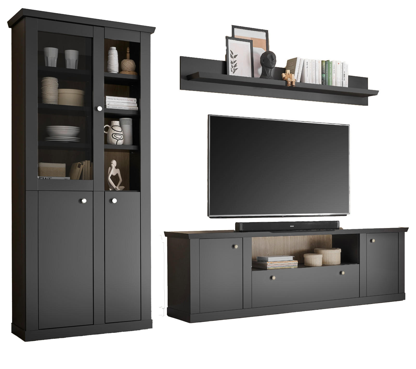 WOHNWAND schwarz matt, Eiche 3-teilig 301 cm, Wohnkombination mit Soft-Close - Eichefarben/Messingfarben, Glas/Holzwerkstoff (301/200/42cm) - Furn.Design