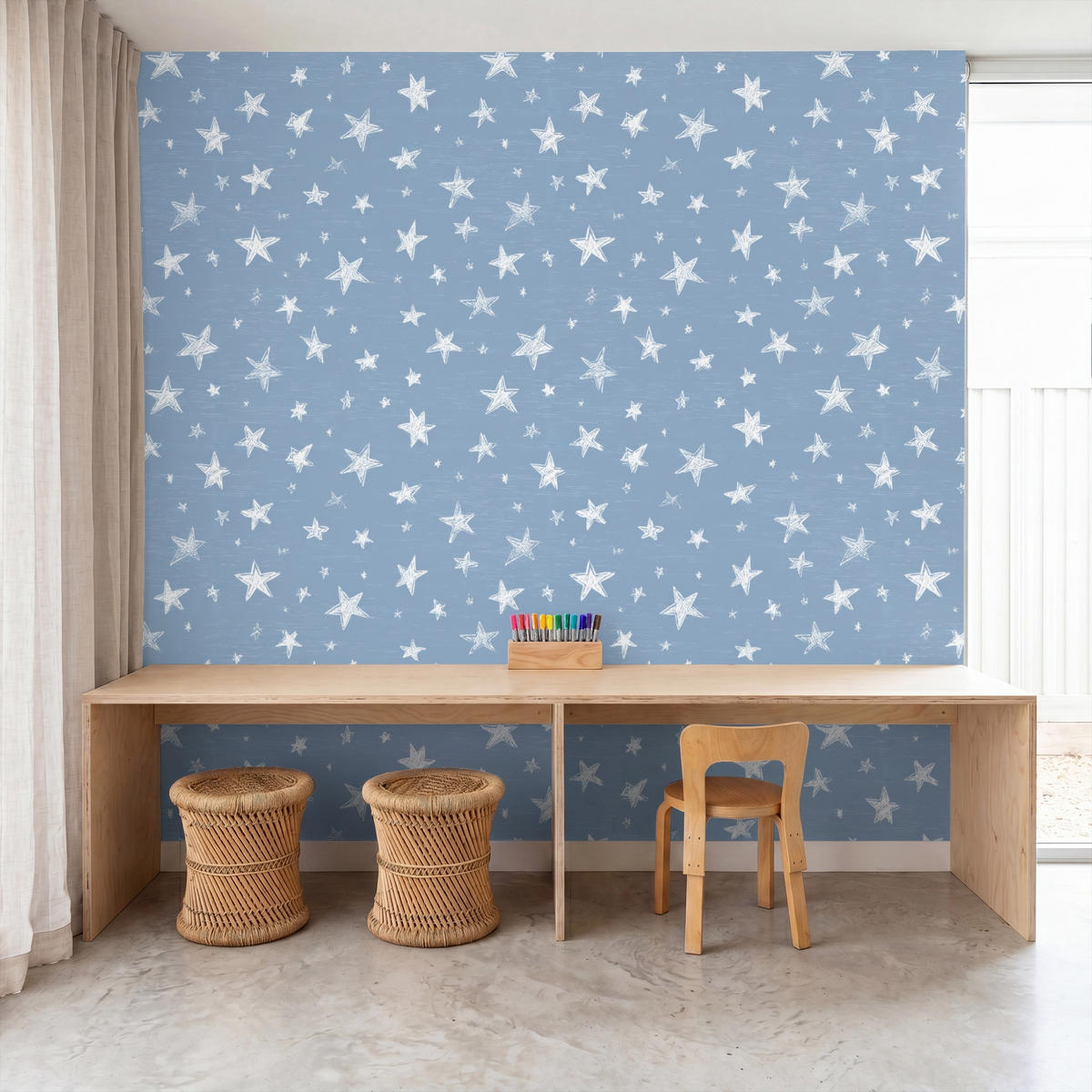 KINDERTAPETE - Sterne - Muster - Blau - 240x260 cm - Hellblau, Papier (240/260cm) - OnlyWow
