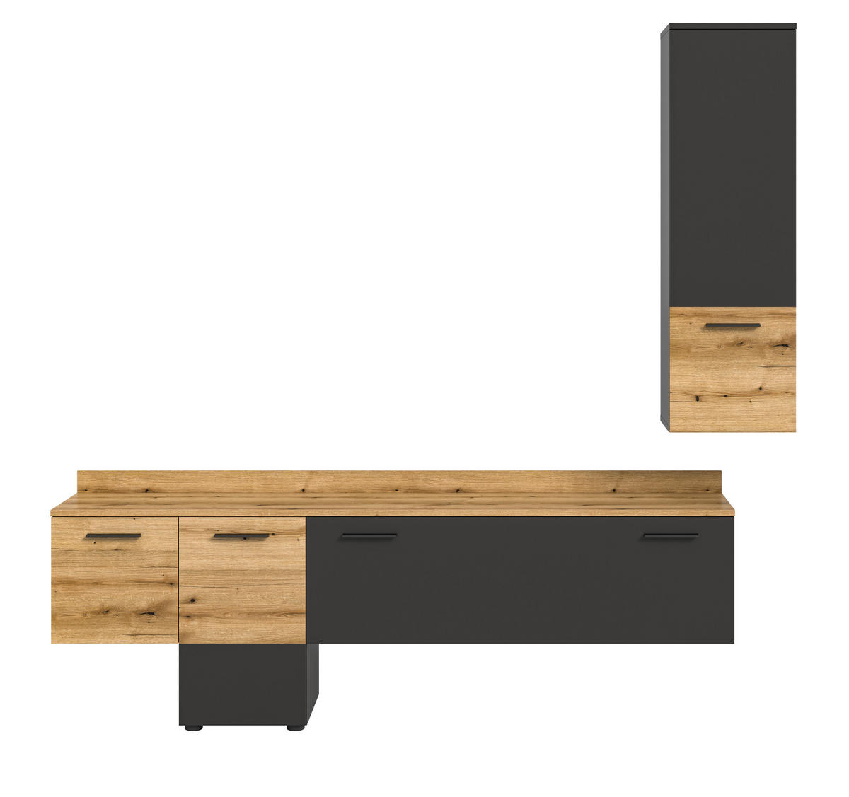 WOHNWAND grau, Evoke Eiche 195 cm, Schrankwand mit Soft-Close - Eichefarben/Schwarz, Holzwerkstoff/Kunststoff (195/196/37cm) - Inn.Furn