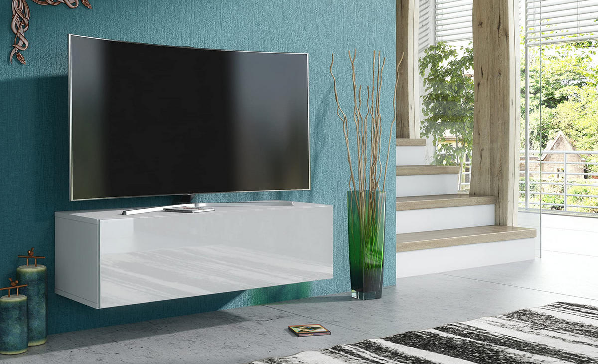 TV Hängeschrank 100 cm Weiße Hochglanzfront 100x36,5x30cm - Weiß, Holzwerkstoff (100/36.5/30cm) - Mobelsta