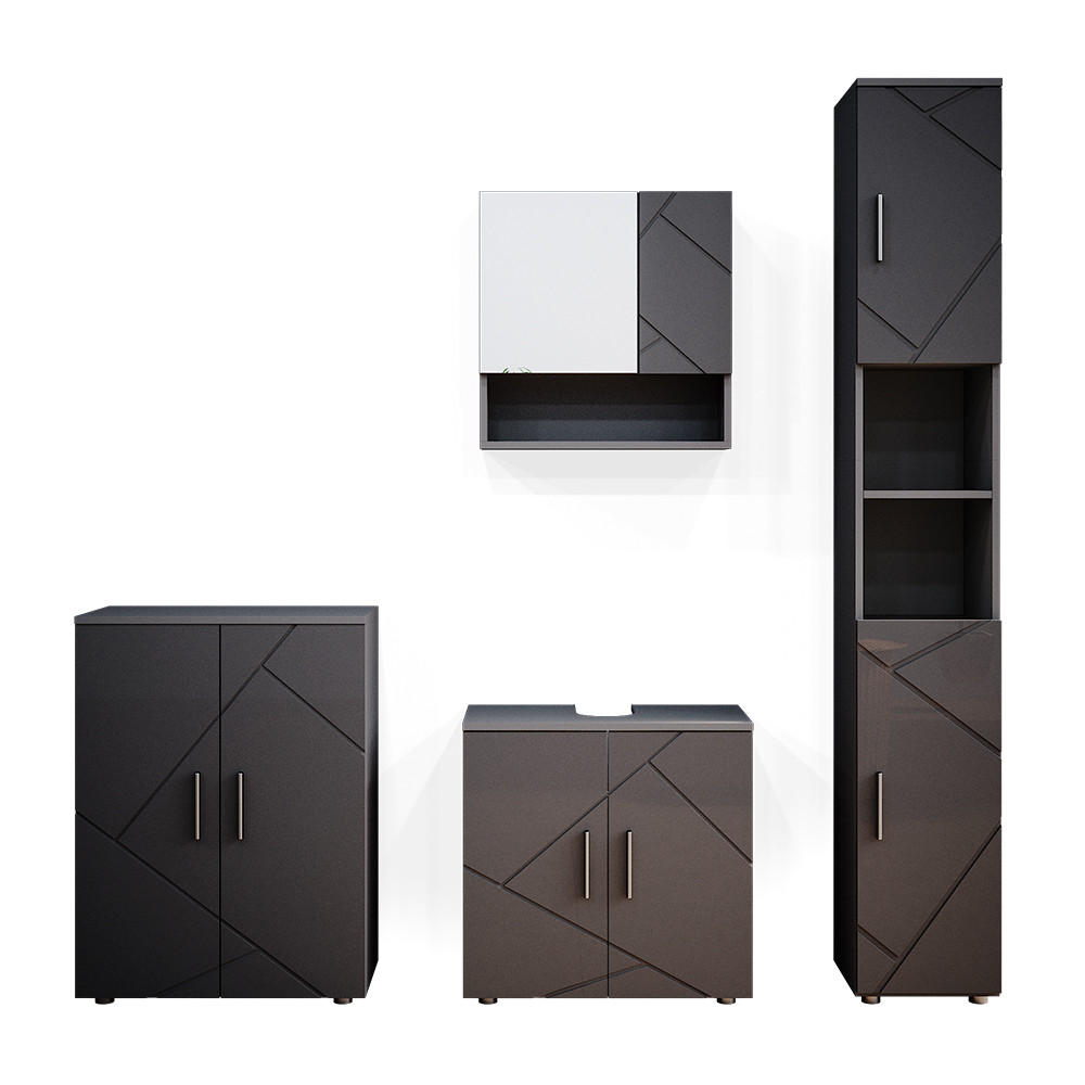 BADMÖBEL-SET Irma Anthrazit Hochglanz 4 Teile mit Hochschrank und Kommode - Anthrazit, Holzwerkstoff (80/58.6/41cm) - Vicco
