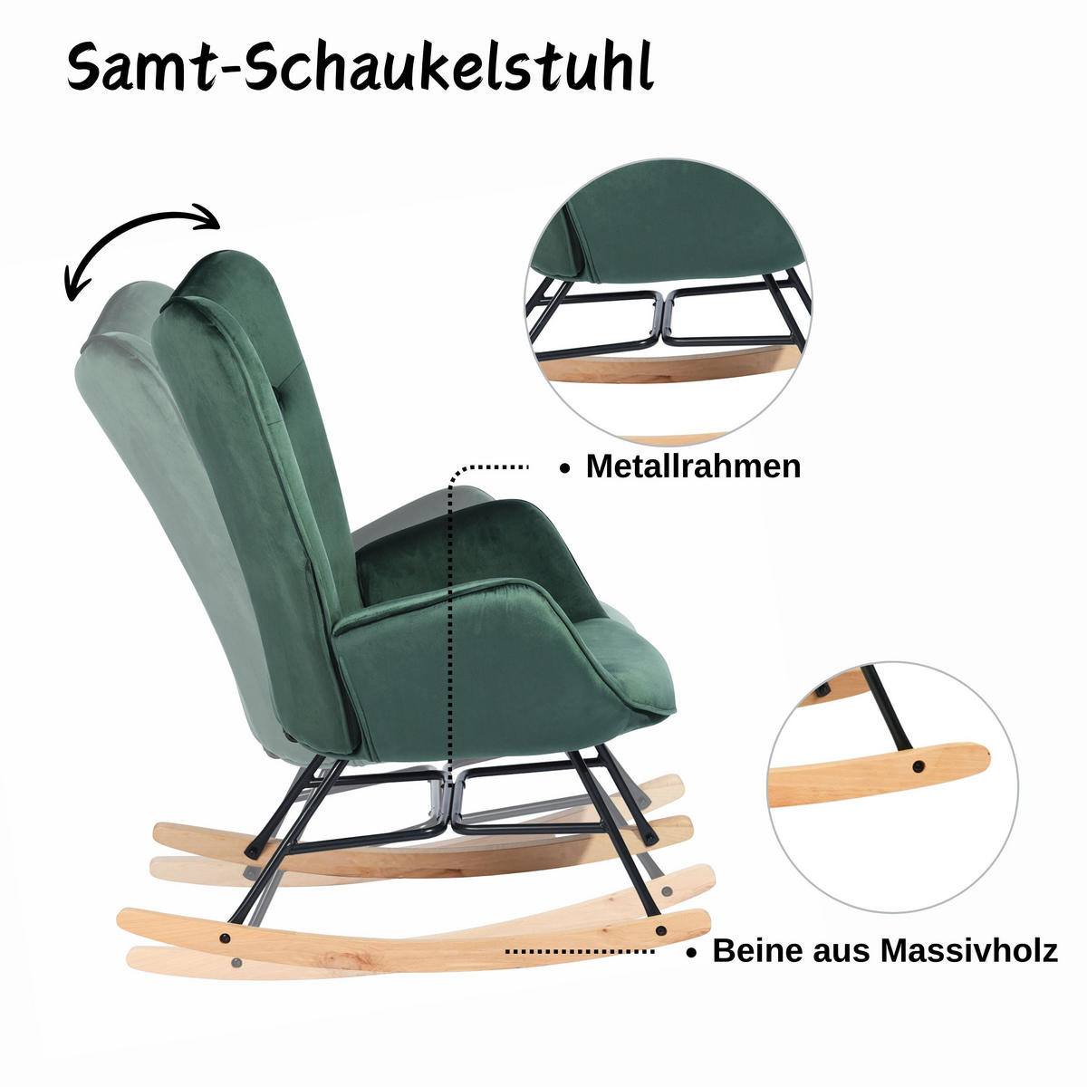 SCHAUKELSESSEL Samt Grün - Dunkelgrün/Eichefarben, Holz/Holzwerkstoff (68/98/85cm) - Urban Meuble