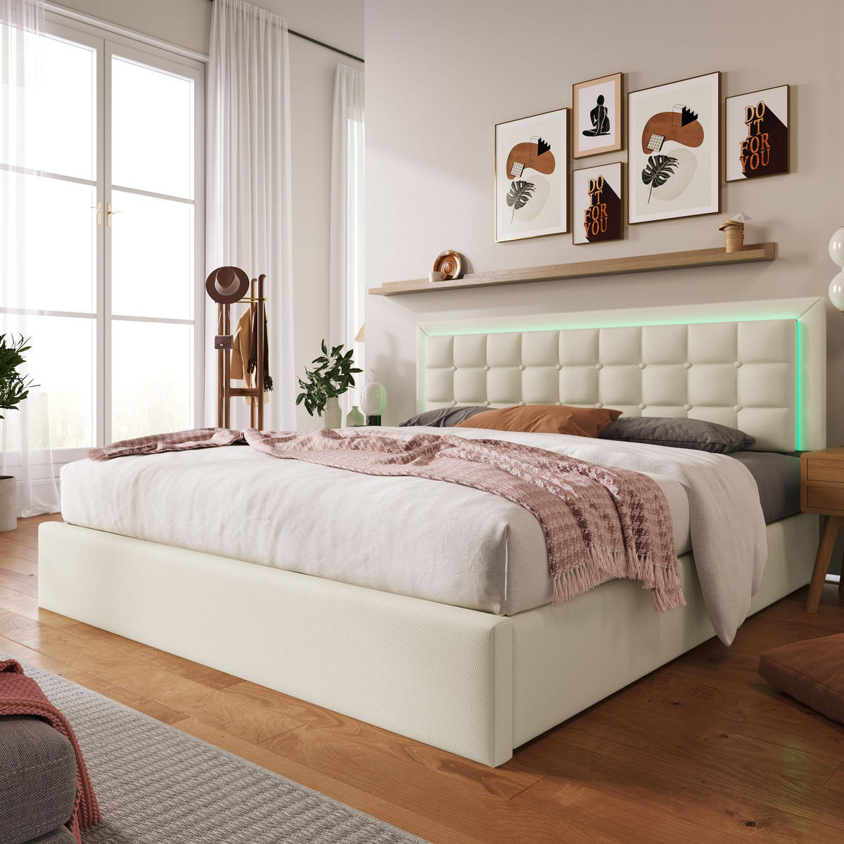 KLÄDD SÄNG 180/200 cm i vit PU med LED-belysningslist - Vit, Trä/Textil (180/200cm) - KOMHTOM