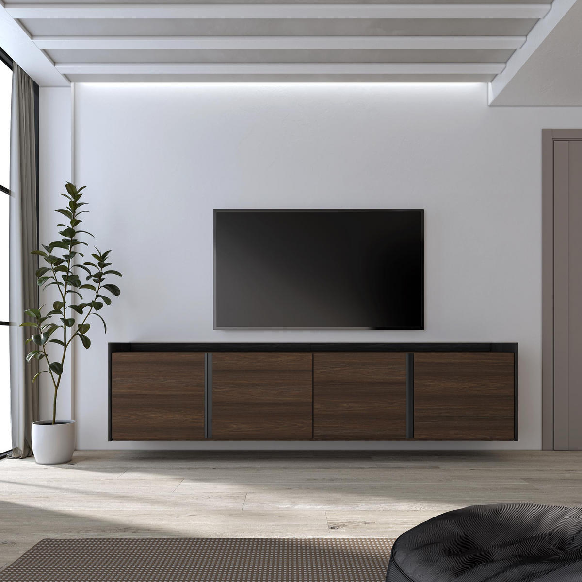 LOWBOARD, Dunkler Eiche und Schwarz, 207/35/50cm, Hängend - Dunkelbraun, Holzwerkstoff (207/50/35cm) - Skraut Home