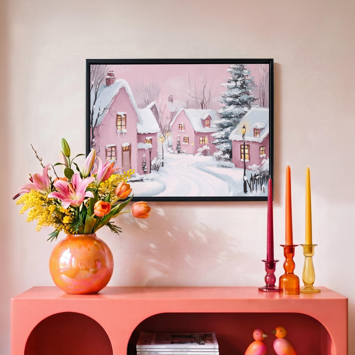 LEINWAND Bilder mit Rahmen - Weihnachtsdorf - Rosa - Winter - Schnee - Häuser - 40x30 - Altrosa, Textil (40/30cm) - MuchoWow