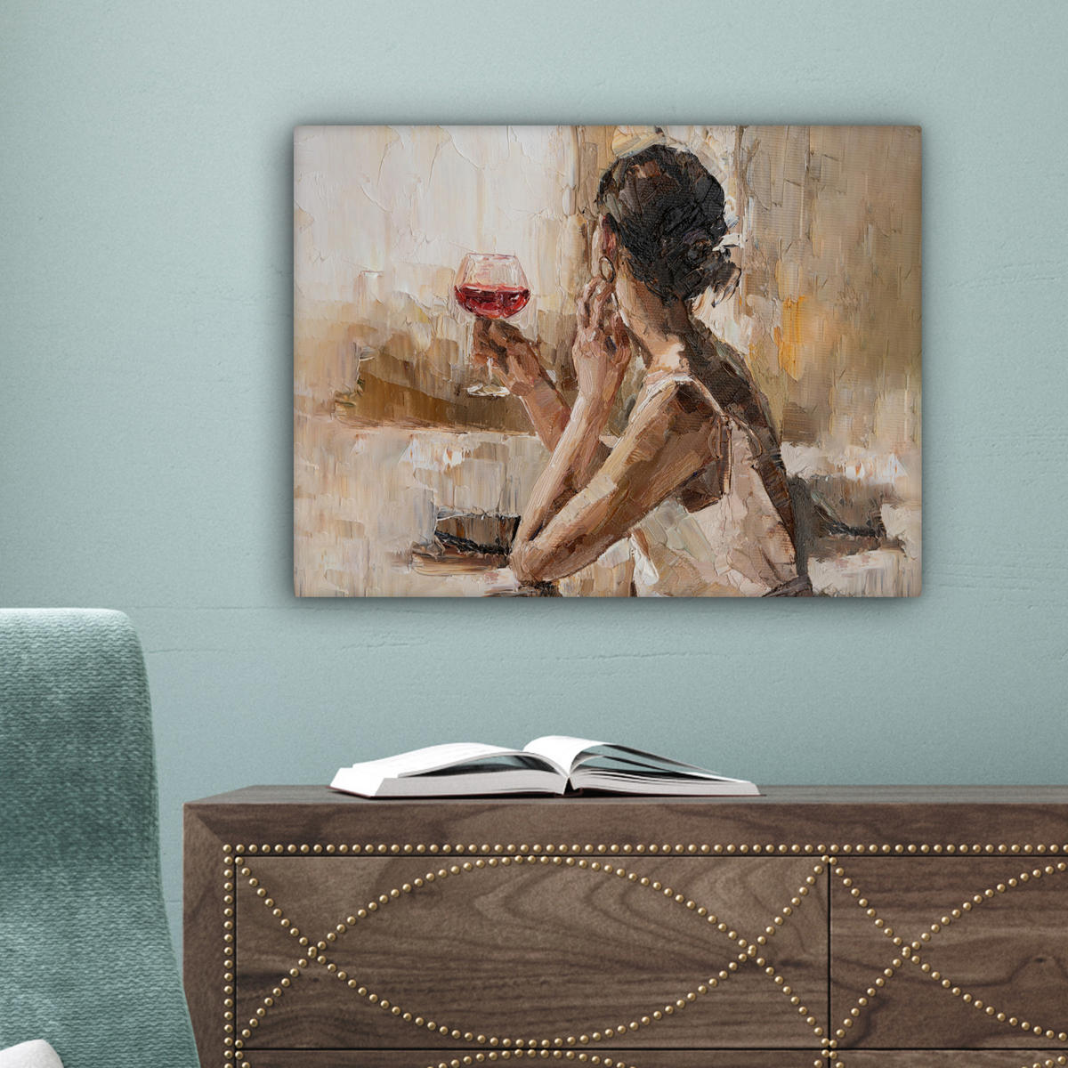 LEINWANDBILD Ölgemälde - Frau - Wein Wandbild 40x30 cm - Hellbraun, Textil (40/30cm) - MuchoWow