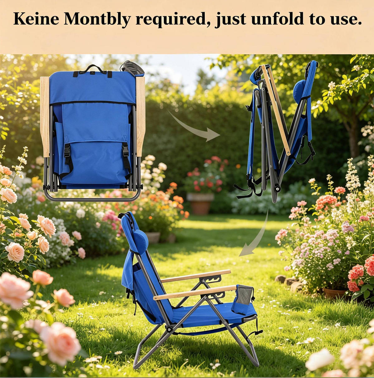KLAPPBARER Campingstuhl 69/56/80 cm aus Oxfordstoff und Metall mit 4-fach verstellbarer Rückenlehne, Rucksackfunktion, Blau - Blau, Metall (56/57/98cm) - Redom