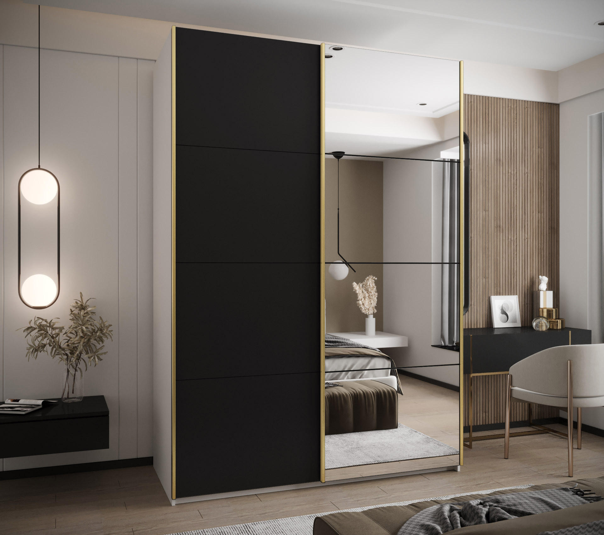 SCHWEBETÜRENSCHRANK 245,5/180/64 2-türig - Goldfarben/Schwarz, Holz/Metall (180/245/64cm) - Abiks Möbel