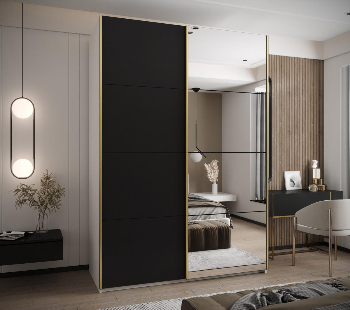 SCHWEBETÜRENSCHRANK 245,5/180/64 2-türig - Goldfarben/Schwarz, Holz/Metall (180/245/64cm) - Abiks Möbel