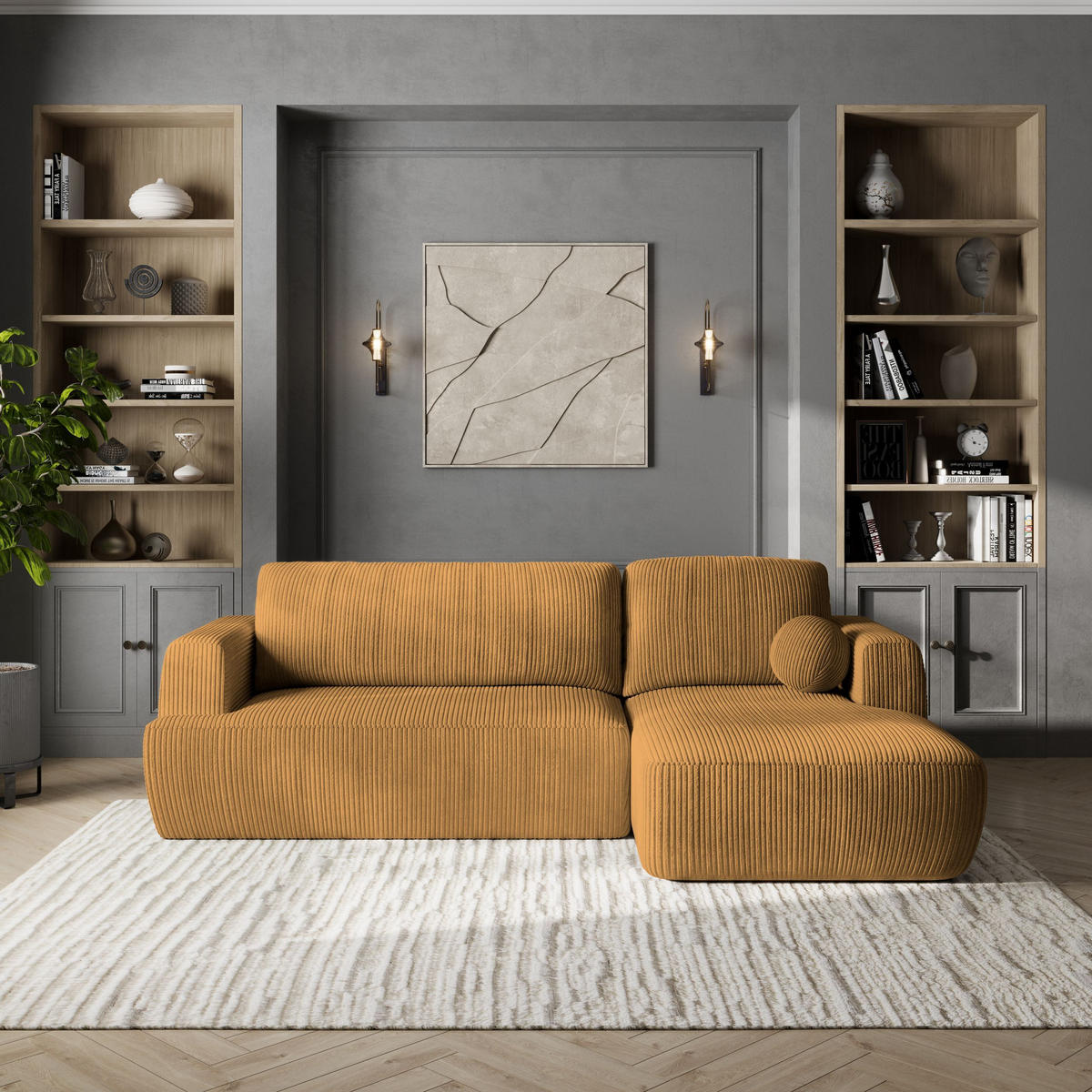 ECKSOFA SENTI P R-S Gelb Kordstoff mit Schlaffunktion - Gelb/Schwarz, Holz/Kunststoff (246/148cm) - MASSENO