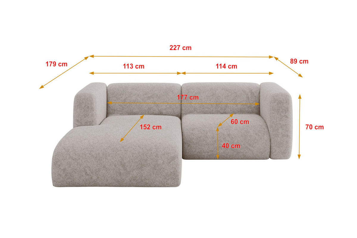 ECKSOFA Ottomane Links MIRA-L1 227x179x89 Hellgrau Velours - Hellgrau/Schwarz, Holzwerkstoff/Kunststoff (227/179cm) - ALTDECOR