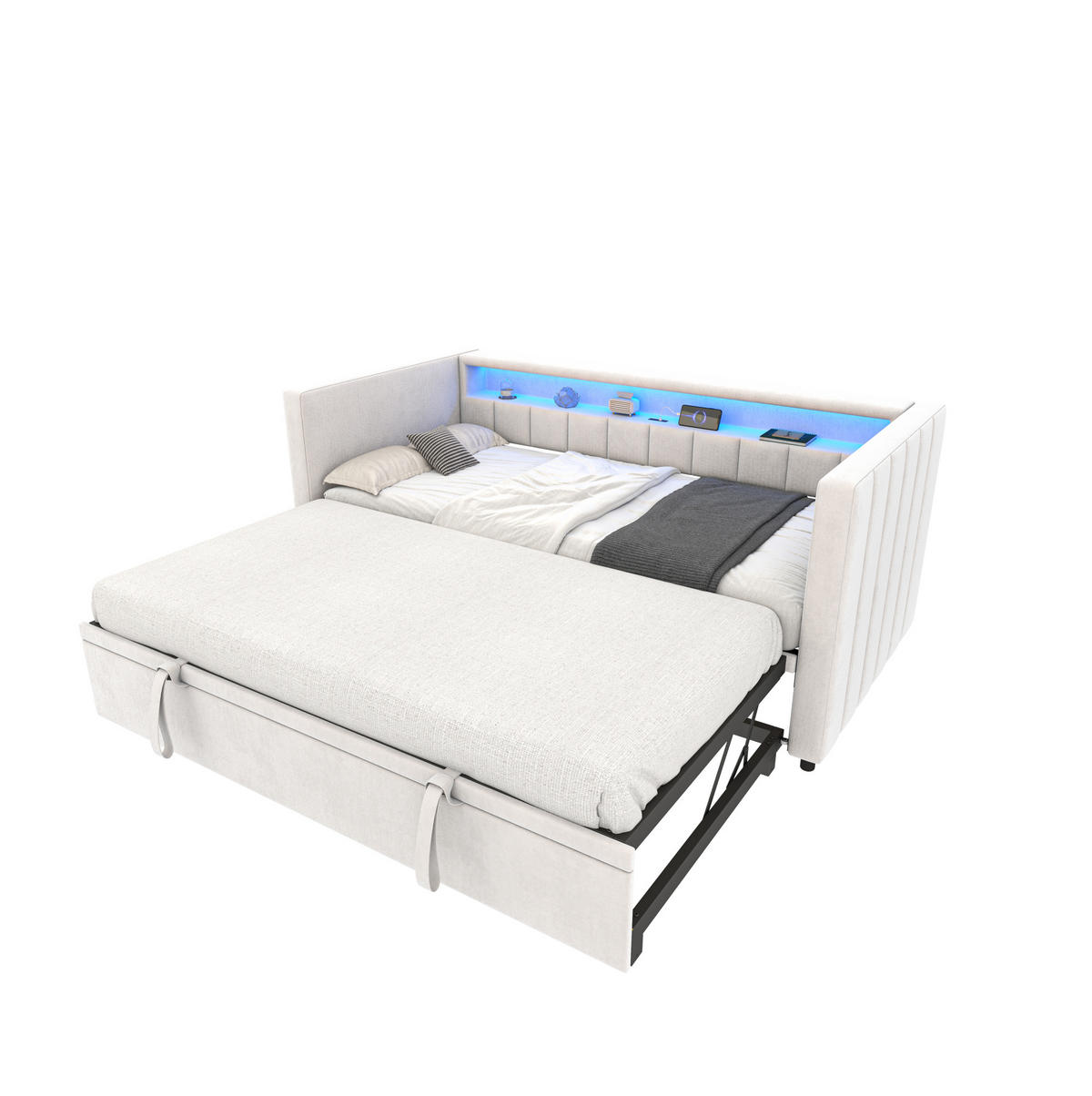 SCHLAFSOFA 90/190 cm mit Ausziehbett, LED-Beleuchtung, USB-Type-C und Samtbezug, Beige - Beige, Textil (201/73/100cm) - Redom