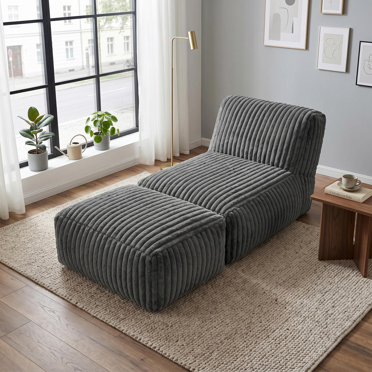 FÅTÖLJ MED PALL i manchester modulär och ergonomiskt stoppad - Mörkgrå, Textil (160/66/80cm) - Urban Meuble