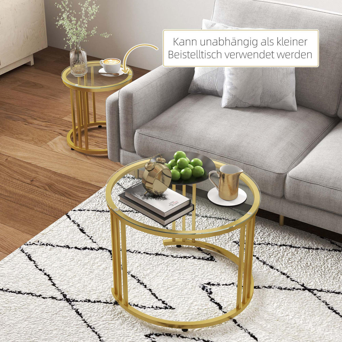 COUCHTISCH 2er-Set, Stapelbar Beistelltisch mit Stahlgestell für Büro, Gold - Goldfarben, Metall (60/60/47cm) - HOMCOM