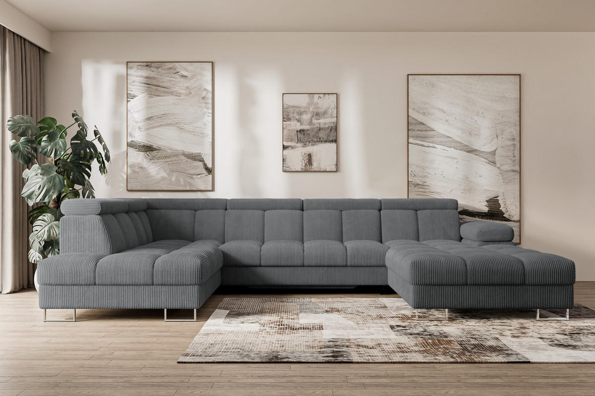WOHNLANDSCHAFT mit Schlaffunktion und Bettkasten Ottomane Links COMA U 345x203x79 Dunkelgrau Cord - Graphitfarben, Holzwerkstoff/Textil (345/79/203cm) - ALTDECOR