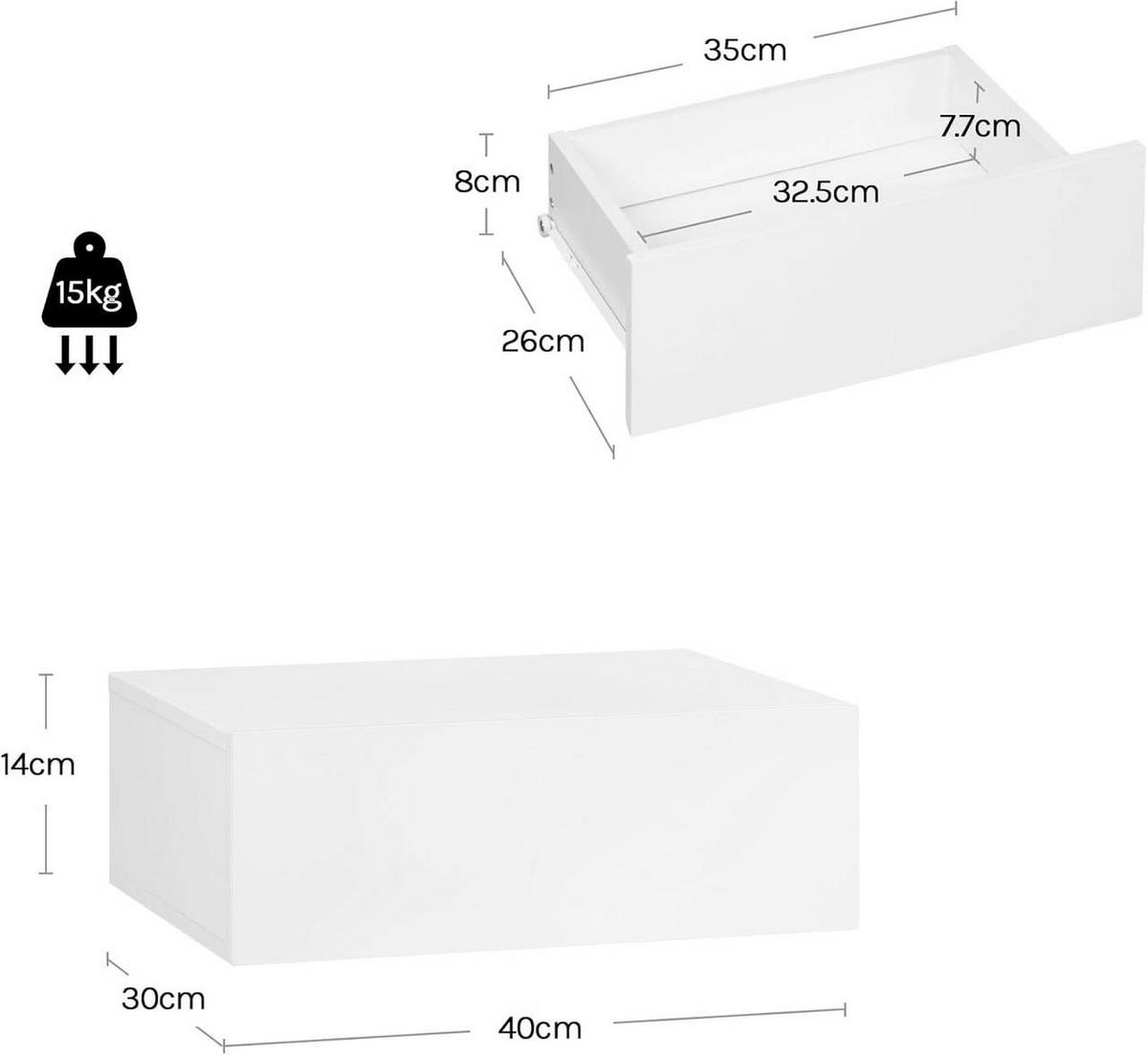 NACHTTISCH 2er Set hängend, mit Schublade, 40x30x14 cm, Weiß - Weiß, Holzwerkstoff (40/14/30cm) - Woltu