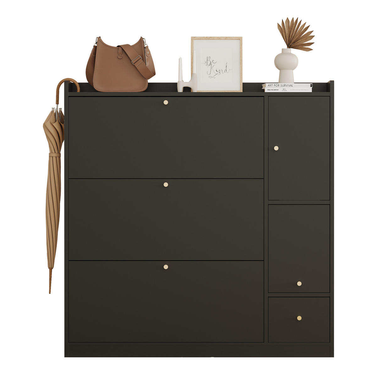 SCHUHSCHRANK 119/24/122 cm in Schwarz mit 3 Klappen und klappbarer Sitzbank - Schwarz, Holzwerkstoff (119/122/24cm) - Flora Grace