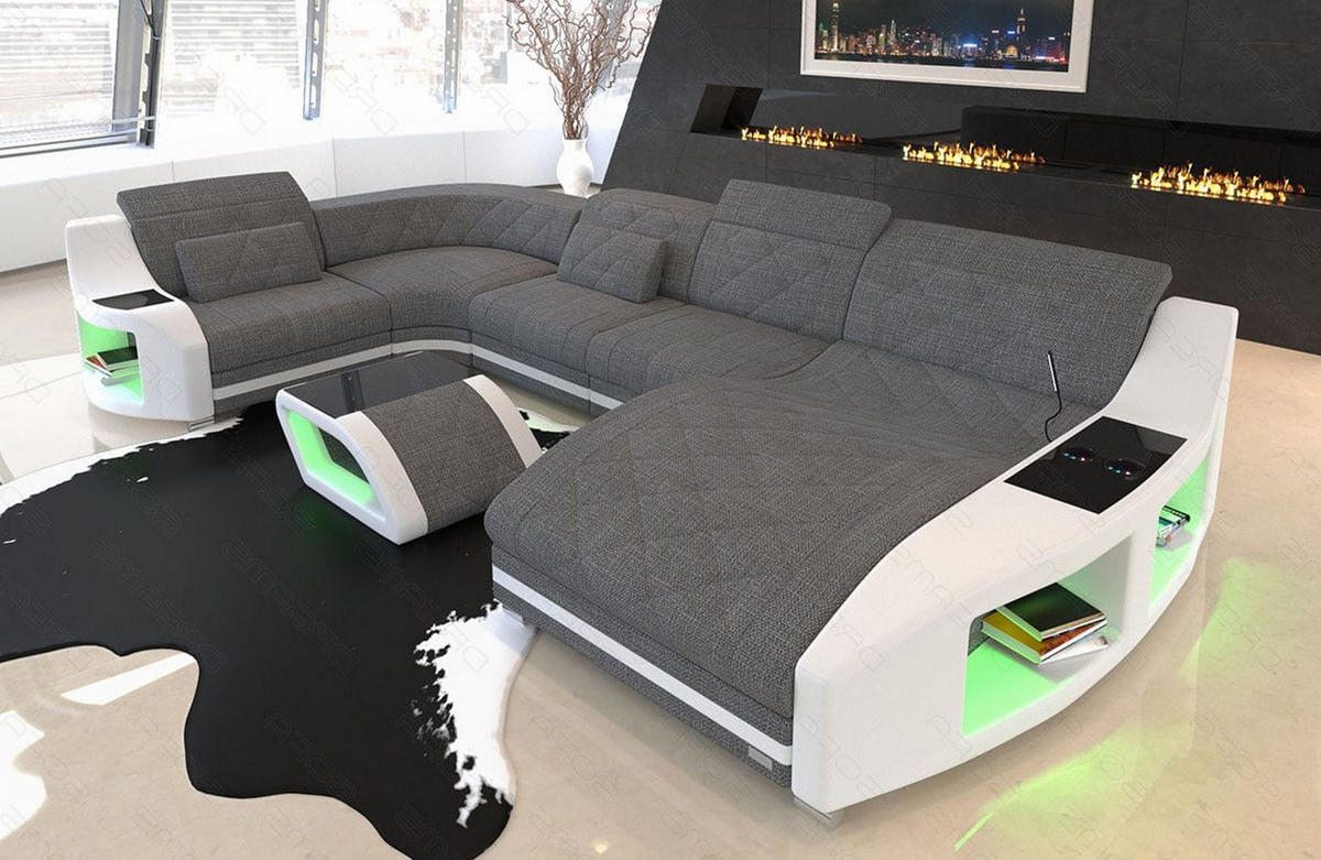 WOHNLANDSCHAFT Stoff Sofa Swing U Form Grau Weiß Strukturstoff - Grau, Kunststoff (404/90/220cm)
