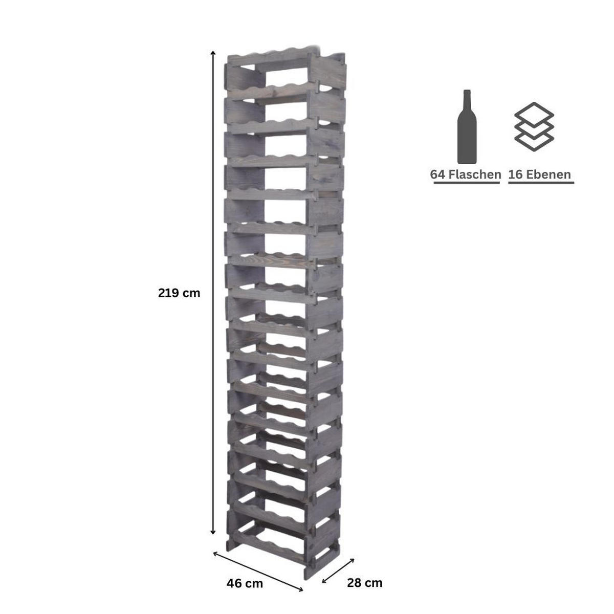 WEINREGAL VINOTECA FLEX PRO HxBxT 219x46x28cm 64 Flaschen auf 16 Ebenen Grau - Grau, Holz (46/219/28cm) - PROREGAL